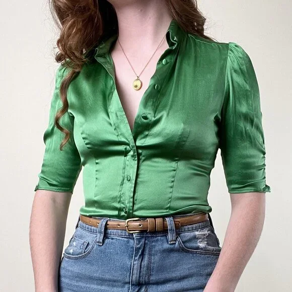 Vintage 100% Silk Rushed Puff Poof Sleeve Button Down Up Shirt Fitted Blouse Top - Picture 8 of 8